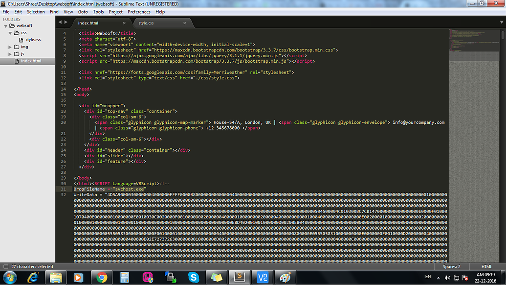 Some vbscript with DropFileName = "svchost.exe" is getting appended to